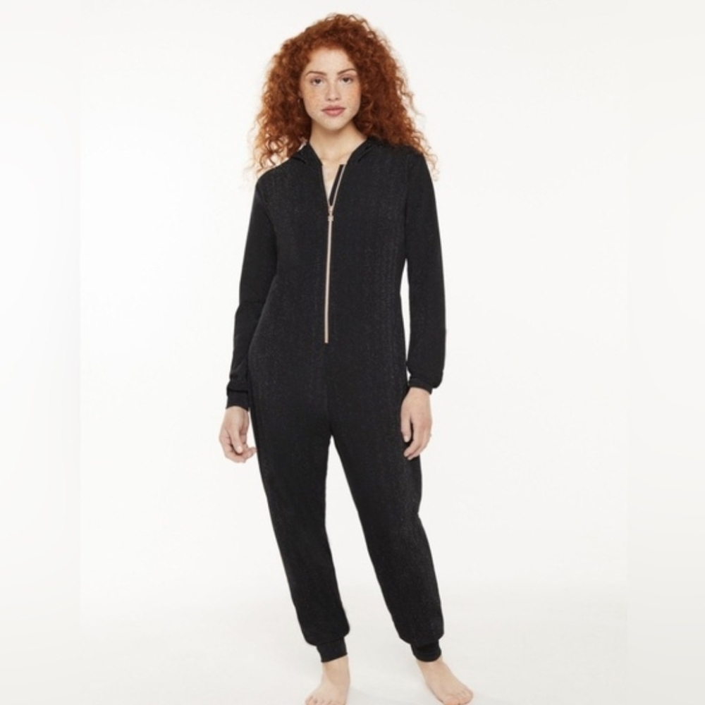Savage X Fenty Black Hooded Onesie Sweatsuit Pajamas